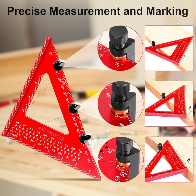 ARTYMASTER 7 inch Carpenter Square, 1/16" Precision Hole Scribing Square Tools, 0-90° Aluminum Alloy Rafter Square, Woodworking Square with Stair Gauge & Carpenter Pencils 12 Refills AM13F - Image 5
